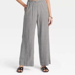 Gingham Medium Mid-Rise Wide Leg Linen Pull-On Pants